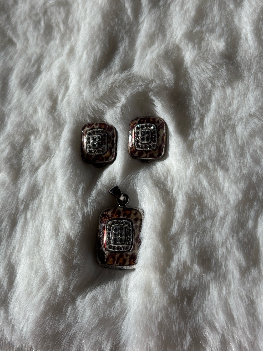 Leopard Print and rhinestone Square Pendant & Earrings